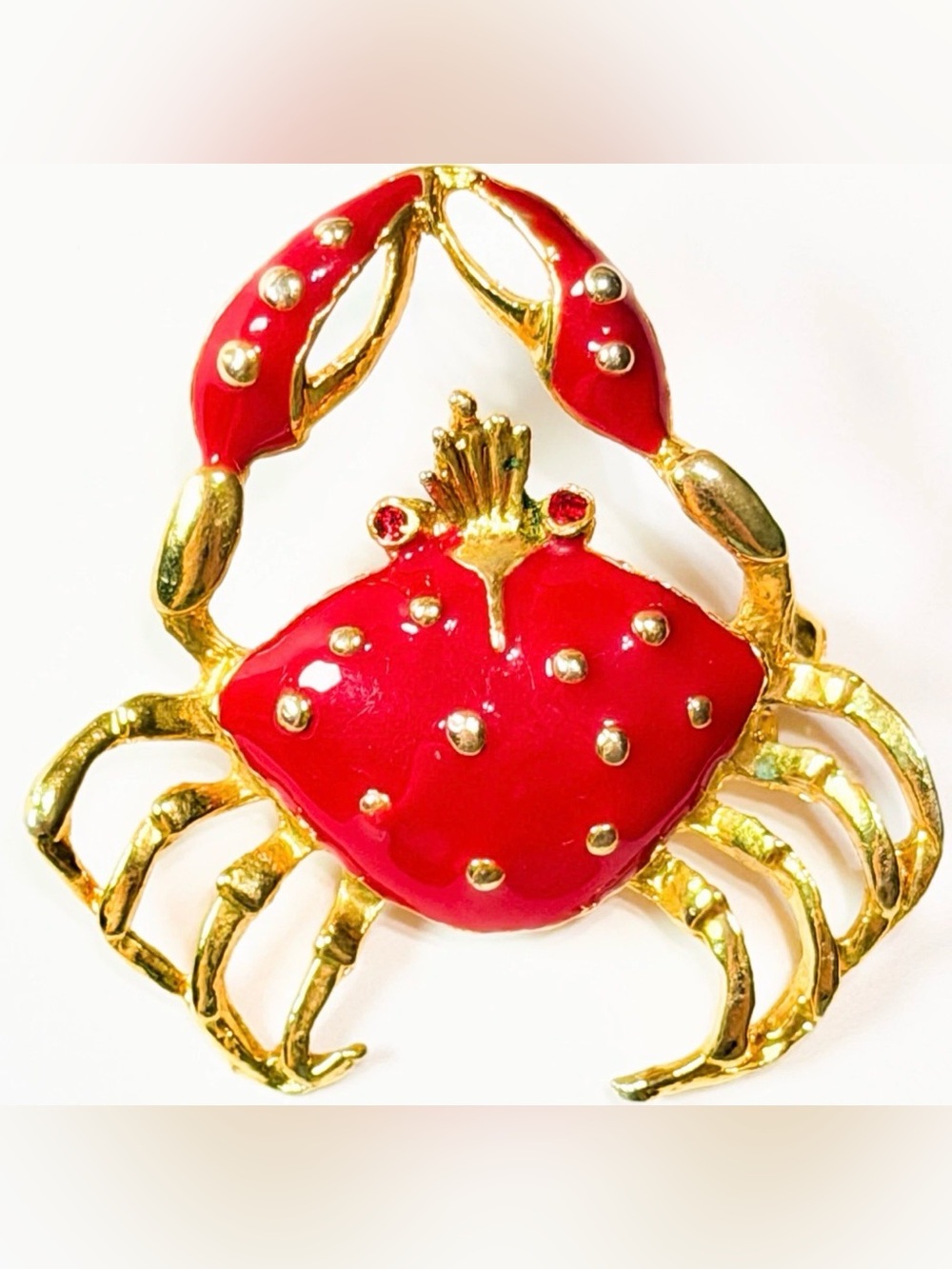 Red Enamel Crab Brooch Gold Tone Figural Coastal Nautical Beach Ocean Pin